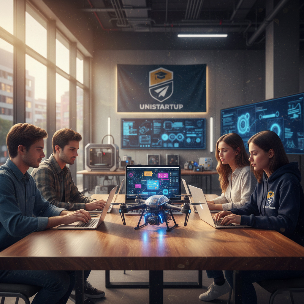 Students collaborating on a startup project.